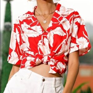 Red white and pink cropped shirt